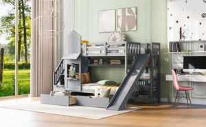 English Elm Twin-over-twin Castle Bunk Bed with Slide Storage Drawers and Shelves for Kids Gray LT000559AAE-3