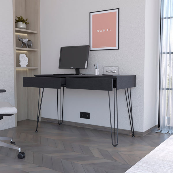 English Elm Desk Hinsdale Black Modern Office Desk with 23.6" Hairpin Legs, 47.3" Work Surface & Dual Drawers B092S00162