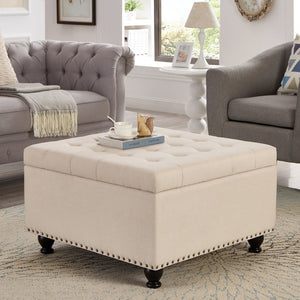 English Elm Large Tufted Faux Leather Storage Ottoman with Brass Nail Trim and Spindle Legs Beige W2186142955
