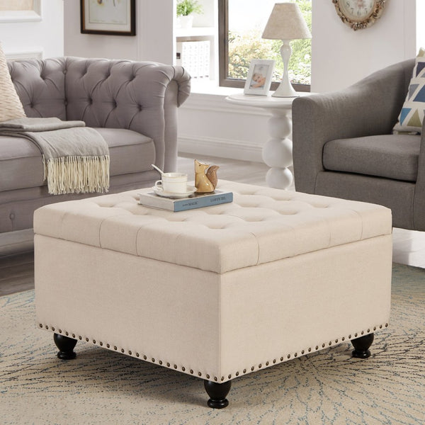 English Elm Large Tufted Faux Leather Storage Ottoman with Brass Nail Trim and Spindle Legs Beige W2186142955