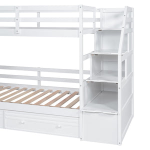 English Elm Twin Twin Bunk Bed with Staircase Storage, Slide, Built-In Desk, Drawers & Shelves — Safe Stylish White SM001811AAK