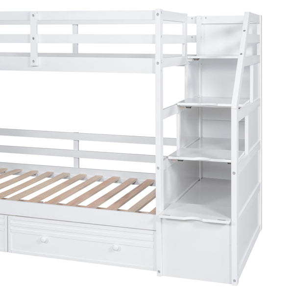 English Elm Twin Twin Bunk Bed with Staircase Storage, Slide, Built-In Desk, Drawers & Shelves — Safe Stylish White SM001811AAK