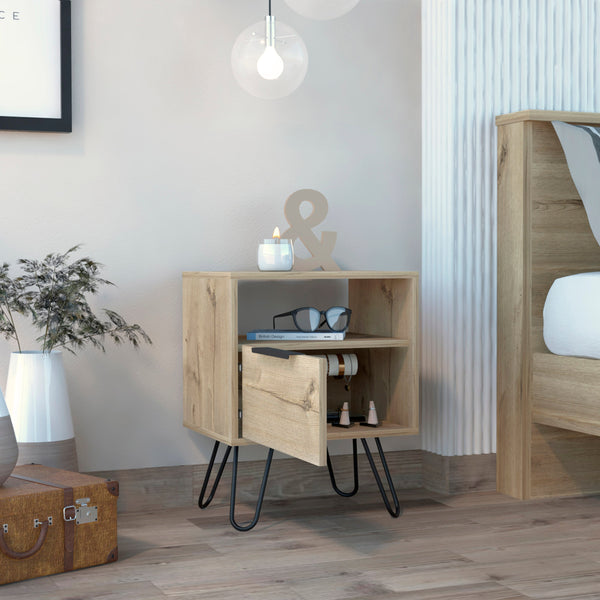 English Elm Vienna Mid-Century Nightstand with Cabinet and Shelves, Sleek Hairpin Legs, Stylish Storage Solution Beige 26 L x 22 W x 4 H B128P148824