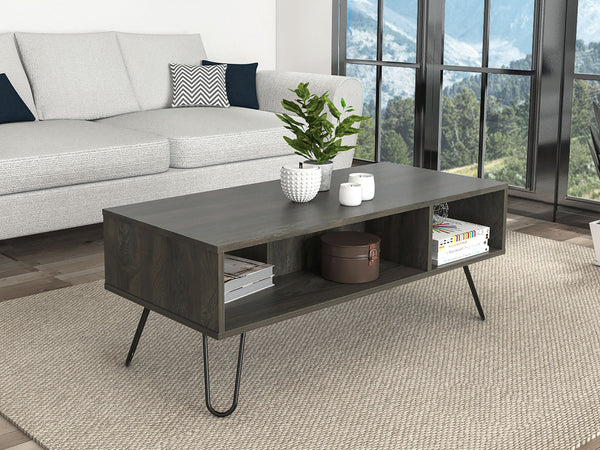 English Elm Minnesota Charcoal Coffee Table with Spacious Top, Dual Open Shelves & Reinforced Metal Legs, Brown B128P148748