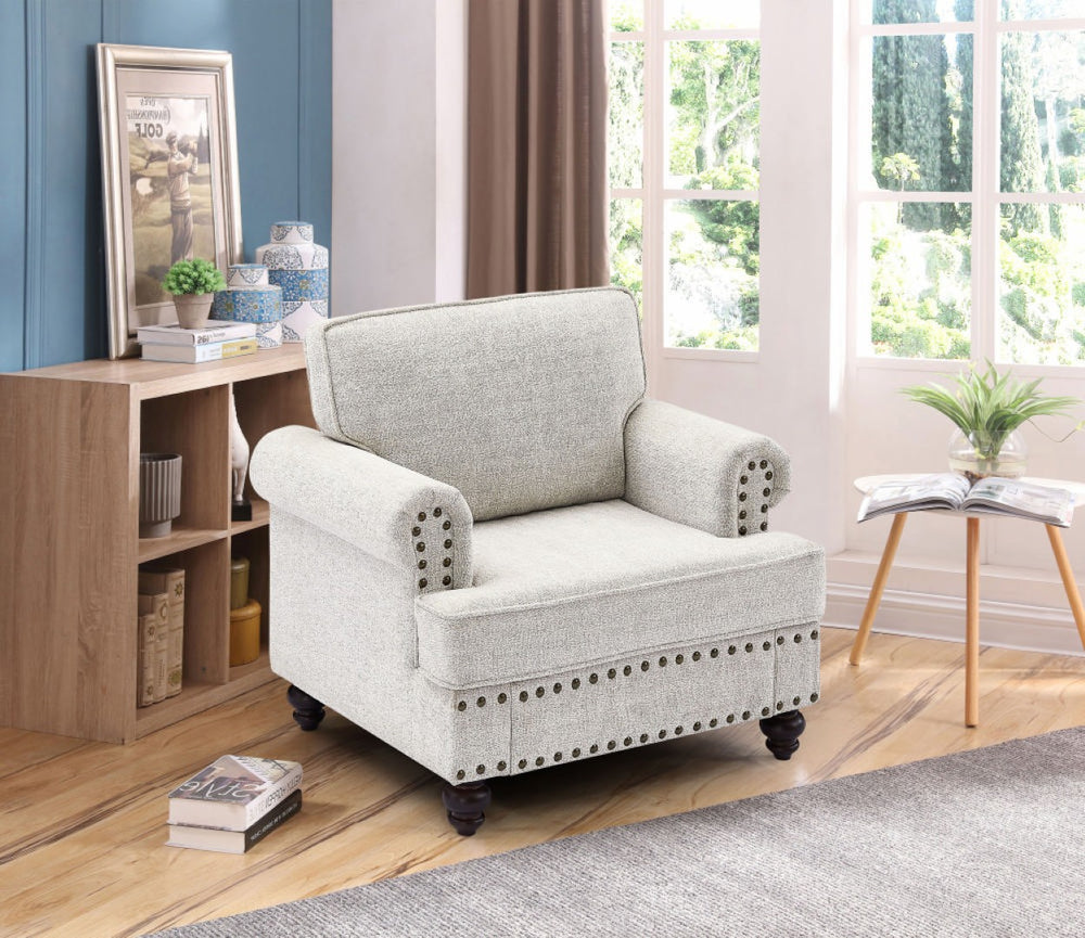 English Elm Chenille Accent Chair with Nail Head Trim Upholstered Single Seat for Living Room W1708132873