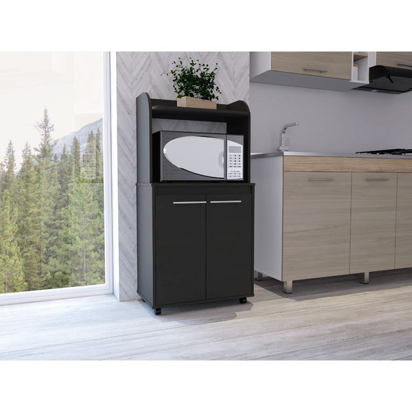English Elm Rockford Kitchen Cart with Microwave Shelf, Double-Door Cabinet, Countertop & Smooth Caster Mobility Black 33 L x 31 W x 5 H B128P148798