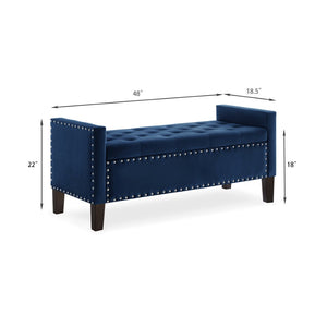 English Elm Upholstered Velvet Storage Bench Tufted Seat Nailhead Trim Armrests Entryway Bedroom Navy W2186139088