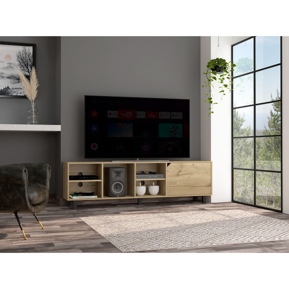 English Elm Native Beige TV Stand for TVs up to 70" with Four Open Shelves, Back Cable Ports & Sturdy Five Legs B128P148761