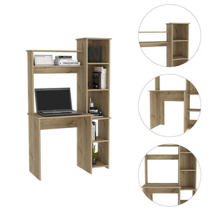English Elm Nashville Engineered Wood Writing Desk with Six Shelves in Beige — Spacious Monitor Area, Versatile Storage B128P148942