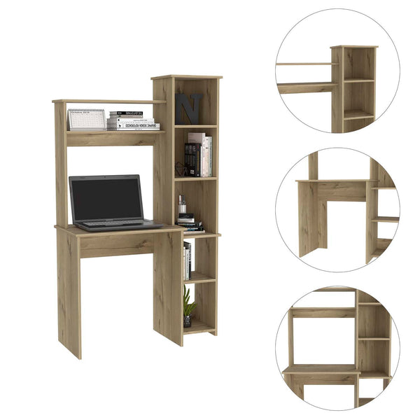 English Elm Nashville Engineered Wood Writing Desk with Six Shelves in Beige — Spacious Monitor Area, Versatile Storage B128P148942