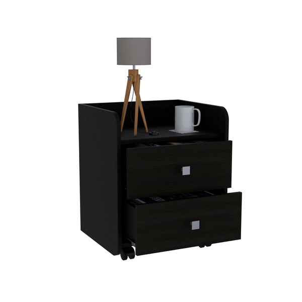English Elm York Nightstand with Superior Top & Dual Drawers on Casters, Black Engineered Wood, Compact Storage B128P148846