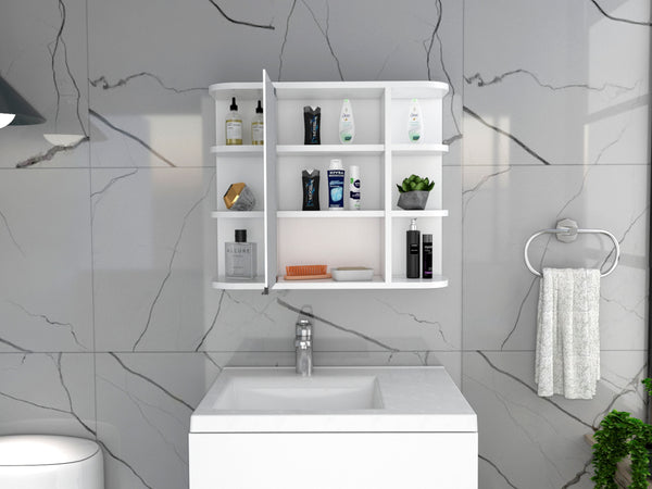 English Elm Valdez Bathroom Medicine Cabinet Mirror with Six Open Shelves and Central Mirrored Door, Durable Black 28 L x 19 W x 5 H B128P148817