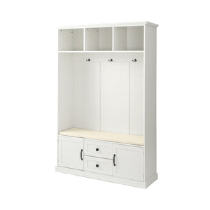 English Elm U-can Entryway Hall Tree with Crown Molding Beadboard Bench and Concealed Cabinet Storage White JY000112AAA