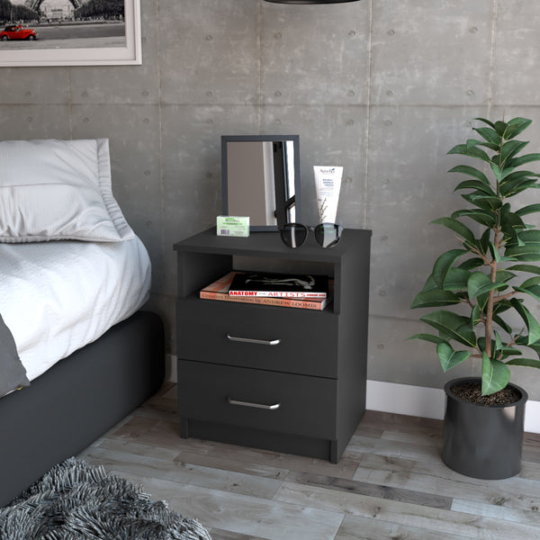 English Elm Oklahoma Black Nightstand with Two Drawers & Open Shelf, 19.9" Engineered Wood, Metal Hardware B128P148772