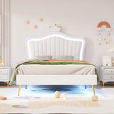 Twin Size Upholstered Bed Frame With LED Lights, Modern Princess Bed, Crown Headboard - White