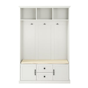 English Elm U-can Entryway Hall Tree with Crown Molding Beadboard Bench and Concealed Cabinet Storage White JY000112AAA