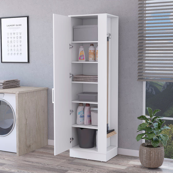 English Elm Nampa White Storage Cabinet with Single Door, Engineered Wood, Open Side Shelves & 3 Broom Hangers B128P148760