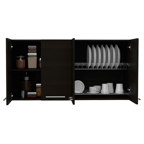 English Elm Sitka Wall Cabinet with Dual Compartments, Four Doors, Built-In Dish & Glass Racks for Kitchens Black 50 L x 16 W x 7 H B128P148974