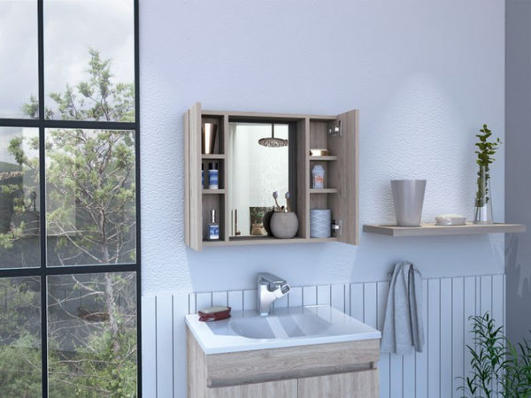 English Elm Draco Modern Wall Medicine Cabinet with Mirror and External Shelf, Double Door Storage Solution Light Gray 28 L x 26 W x 3 H B128P148705