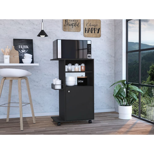 English Elm Columba Kitchen Cart with Microwave Countertop and Single Door Cabinet on Smooth Rolling Casters for Easy Mobility Black 46 L x 22 W x 4 H B128P148689
