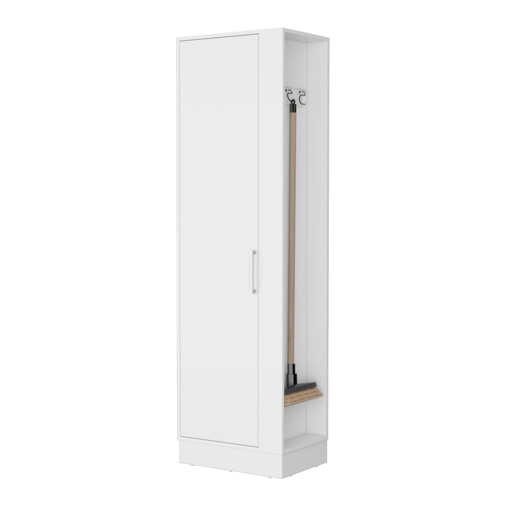 English Elm Nampa White Storage Cabinet with Single Door, Engineered Wood, Open Side Shelves & 3 Broom Hangers B128P148760