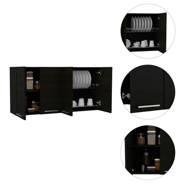 English Elm Sitka Wall Cabinet with Dual Compartments, Four Doors, Built-In Dish & Glass Racks for Kitchens Black 50 L x 16 W x 7 H B128P148974