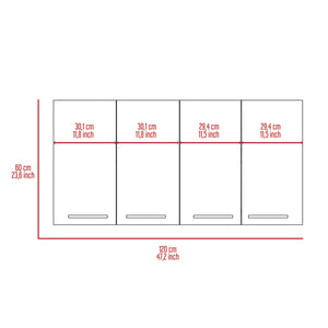 English Elm Sitka Wall Cabinet with Dual Compartments, Four Doors, Built-In Dish & Glass Racks for Kitchens White 51 L x 17 W x 3 H B128P148809