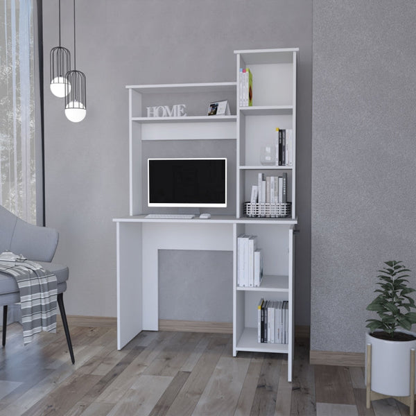 English Elm Rumford White Computer Desk with Hutch, 3-Tier Shelves, 38.7" x 17.7" Work Surface & Large Cabinet B128P148802