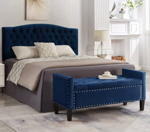 English Elm Upholstered Velvet Storage Bench Tufted Seat Nailhead Trim Armrests Entryway Bedroom Navy W2186139088