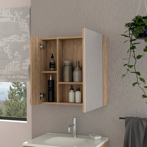 English Elm Kenya Pine Medicine Cabinet Mirror Double Door | Humidity-Resistant, 4 Spacious Shelves, Compact Elegance B128P148728