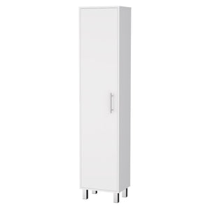 English Elm Lawen Tall Storage Cabinet White with Single Door, 5 Shelves & 3 Broom Hangers for Organized Home B128P148730