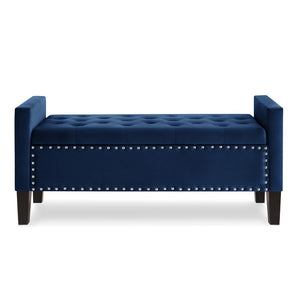 English Elm Upholstered Velvet Storage Bench Tufted Seat Nailhead Trim Armrests Entryway Bedroom Navy W2186139088