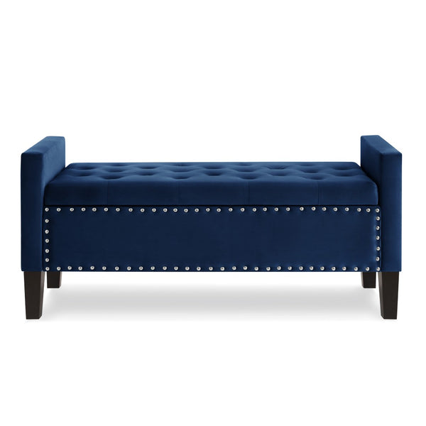 English Elm Upholstered Velvet Storage Bench Tufted Seat Nailhead Trim Armrests Entryway Bedroom Navy W2186139088