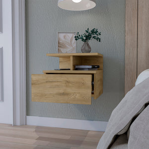 English Elm Augusta Floating Nightstand Wall-Mounted Macadamia Finish with Drawer & 2-Tier Shelf for Small Spaces B128P148658