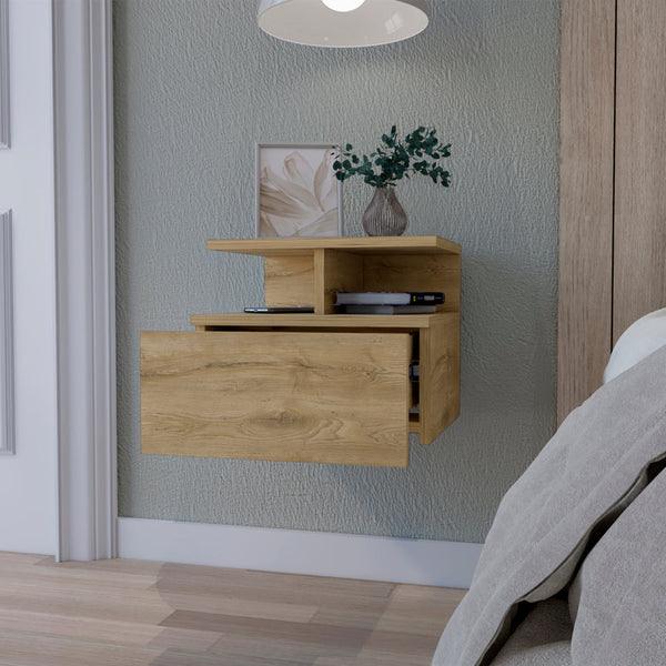 English Elm Augusta Floating Nightstand Wall-Mounted Macadamia Finish with Drawer & 2-Tier Shelf for Small Spaces B128P148658