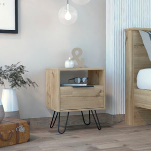 English Elm Vienna Mid-Century Nightstand with Cabinet and Shelves, Sleek Hairpin Legs, Stylish Storage Solution Beige 26 L x 22 W x 4 H B128P148824