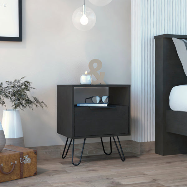 English Elm Vienna Mid-Century Nightstand with Cabinet and Shelves, Sleek Hairpin Legs, Stylish Storage Solution Black 26 L x 23 W x 5 H B128P148823