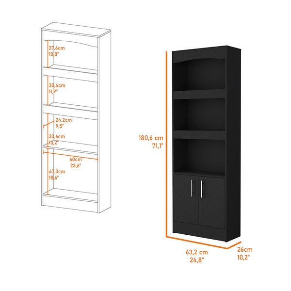 English Elm Durango Tall 70.8" Bookcase with Three Framed Shelves and Double Cabinet Doors for Elegant Storage Black 75 L x 16 W x 4 H B128P148909