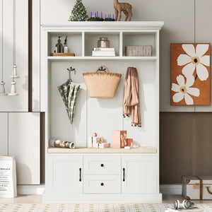 English Elm U-can Entryway Hall Tree with Crown Molding Beadboard Bench and Concealed Cabinet Storage White JY000112AAA
