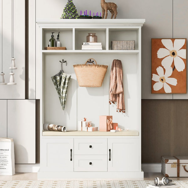 English Elm U-can Entryway Hall Tree with Crown Molding Beadboard Bench and Concealed Cabinet Storage White JY000112AAA