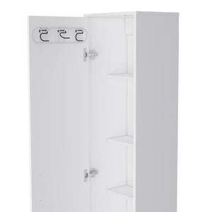 English Elm Lawen Tall Storage Cabinet White with Single Door, 5 Shelves & 3 Broom Hangers for Organized Home B128P148730