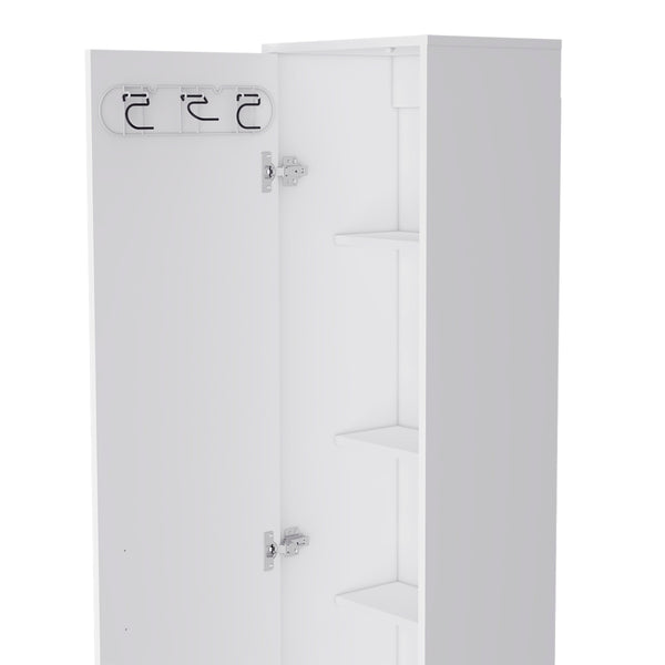 English Elm Lawen Tall Storage Cabinet White with Single Door, 5 Shelves & 3 Broom Hangers for Organized Home B128P148730