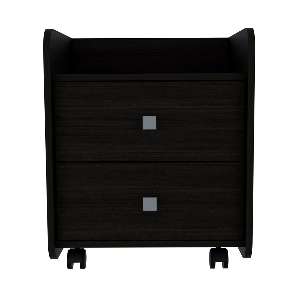 English Elm York Nightstand with Superior Top & Dual Drawers on Casters, Black Engineered Wood, Compact Storage B128P148846