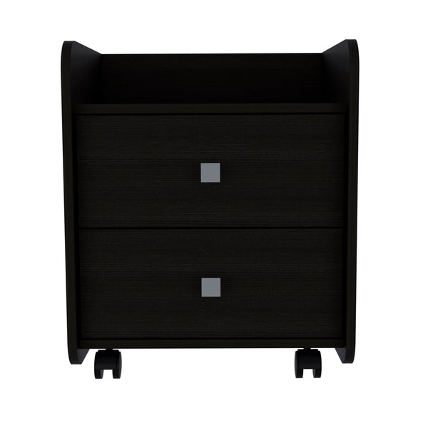 English Elm York Nightstand with Superior Top & Dual Drawers on Casters, Black Engineered Wood, Compact Storage B128P148846