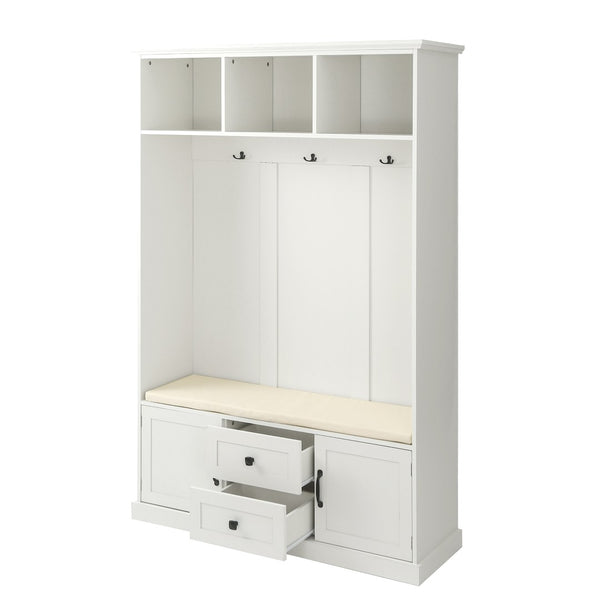 English Elm U-can Entryway Hall Tree with Crown Molding Beadboard Bench and Concealed Cabinet Storage White JY000112AAA
