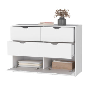 English Elm Dillon White 4-Drawer Dresser with 2 Bottom Cabinets for Clothes & Shoes, Engineered Wood Storage B128P148697