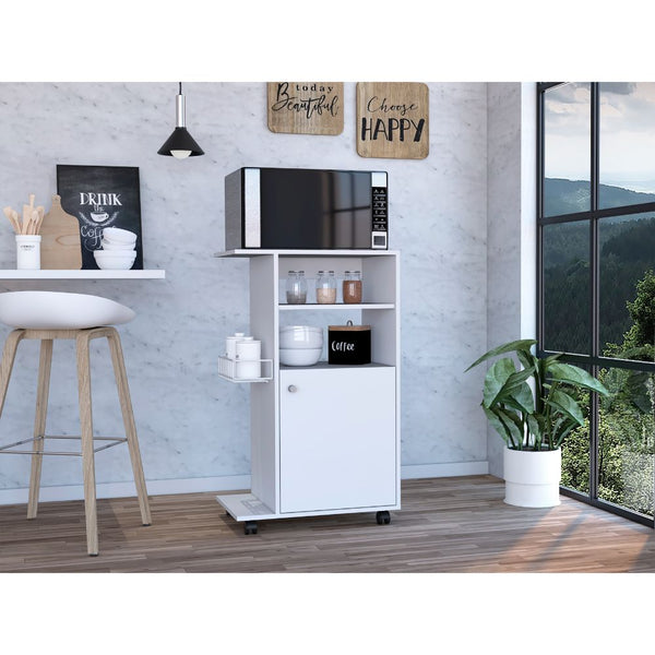 English Elm Columba Kitchen Cart with Microwave Countertop and Single Door Cabinet on Smooth Rolling Casters for Easy Mobility White 46 L x 22 W x 4 H B128P148690