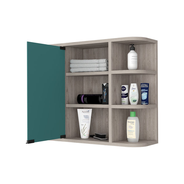 English Elm Valdez Light Gray Medicine Cabinet with Mirror Door, 6 Open Shelves, Water-Resistant Engineered Wood B128P148819