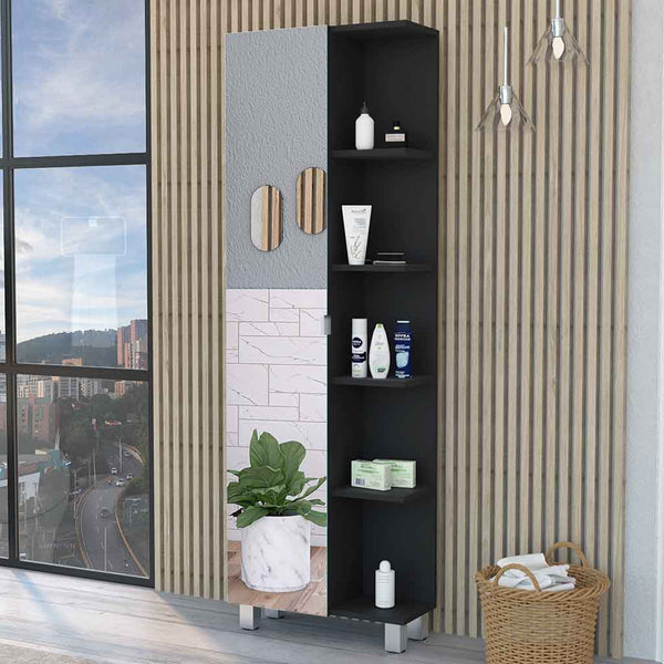 English Elm Los Angeles Linen Black Bathroom Cabinet with Mirrored Door, Five Adjustable Shelves, 62" High B128P148738