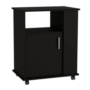 English Elm Clayton Black Wengue Lower Microwave Cabinet with Four Open Shelves, Locking Casters & Storage B128P148900